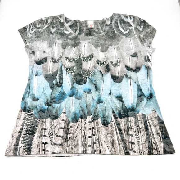 Bohemian Army Tops - Y2K Bohemian Army Womens XL Feather Print Rhinestone Short Sleeve Top Blue Grey